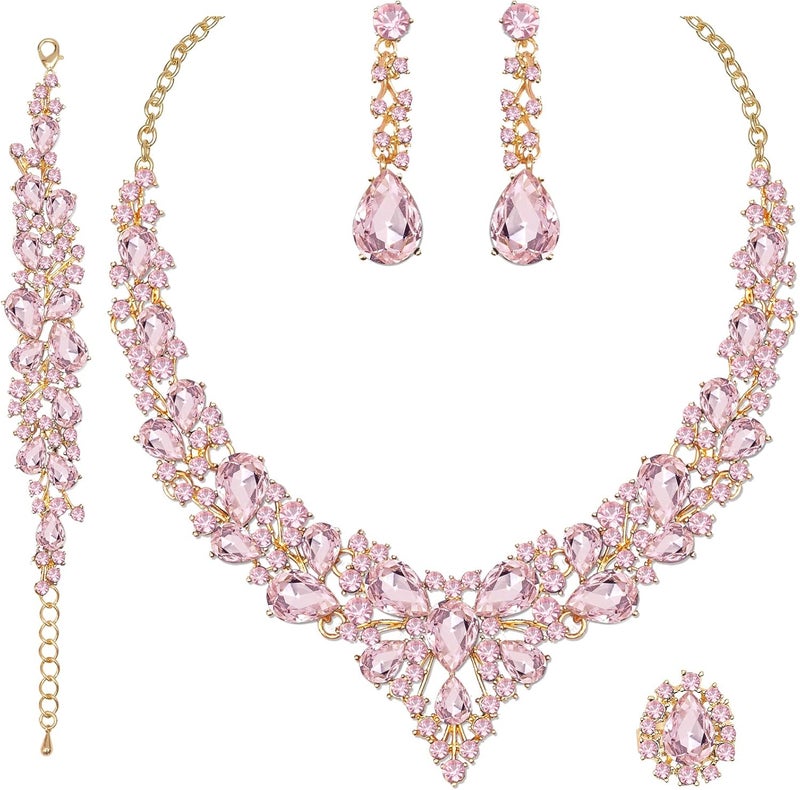 CSY 4 Pcs/Set Austrian Crystal Necklace Earrings Bracelet Ring Bridal Jewelry Sets for Brides Wedding Party Costume Accessories Gifts for Women - Image 1